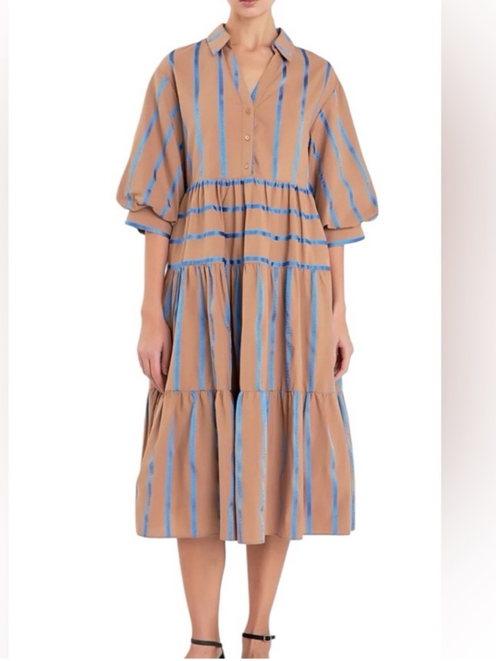 English Factory Tan and Blue Striped Midi Dress